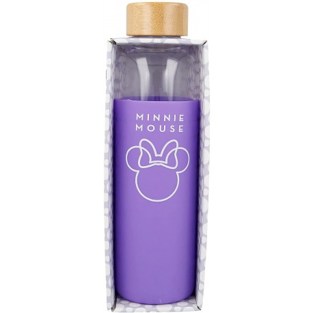 Botella De Agua De Vidrio Con Funda De Silicona y Tapon Hermetico Minnie Disney 585Ml.